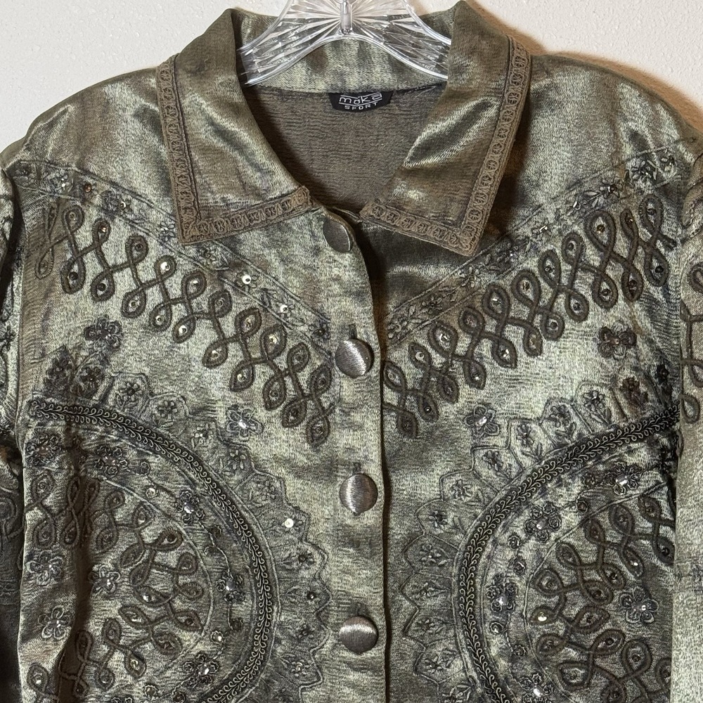 Moka Sport‎ Embroidered Jacket Womens Green Button Front Lightweight Boho Medium